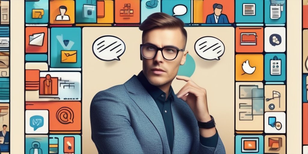 Человек генерирует идеи для продвижения Telegram канала, окруженный цифровыми иконками и уведомлениями.