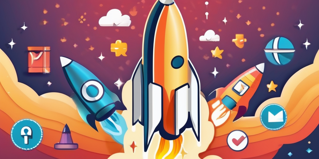 Ракета взлетает, полная эмодзи и иконки социальных сетей.