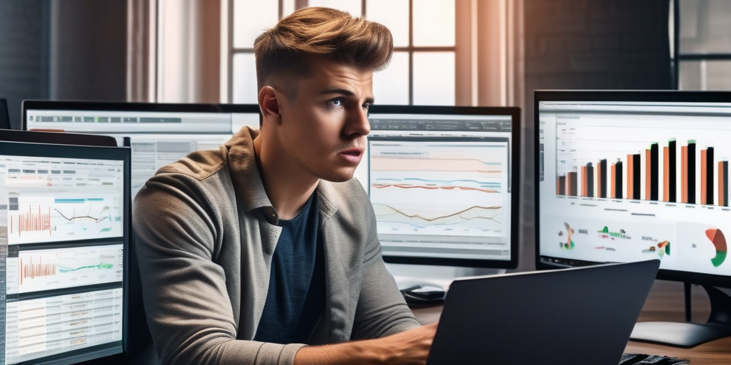 Молодой человек, расстроенный графиками YouTube аналитики