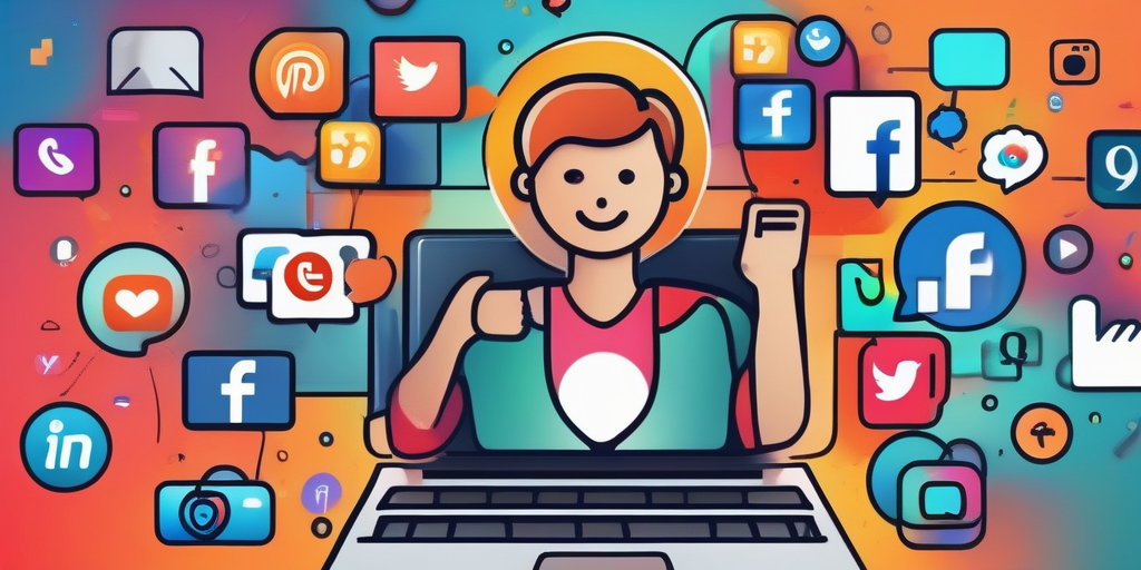Человек увлеченно печатает на ноутбуке, вокруг иконки социальных сетей.