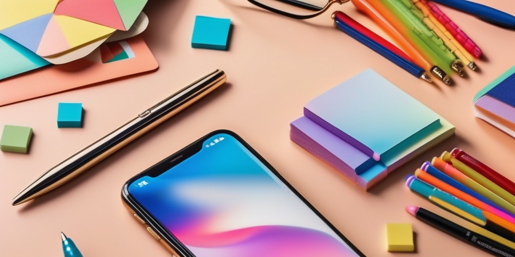 Композиция с телефоном, отображающим страницу социальной сети, и принадлежностями для создания контента