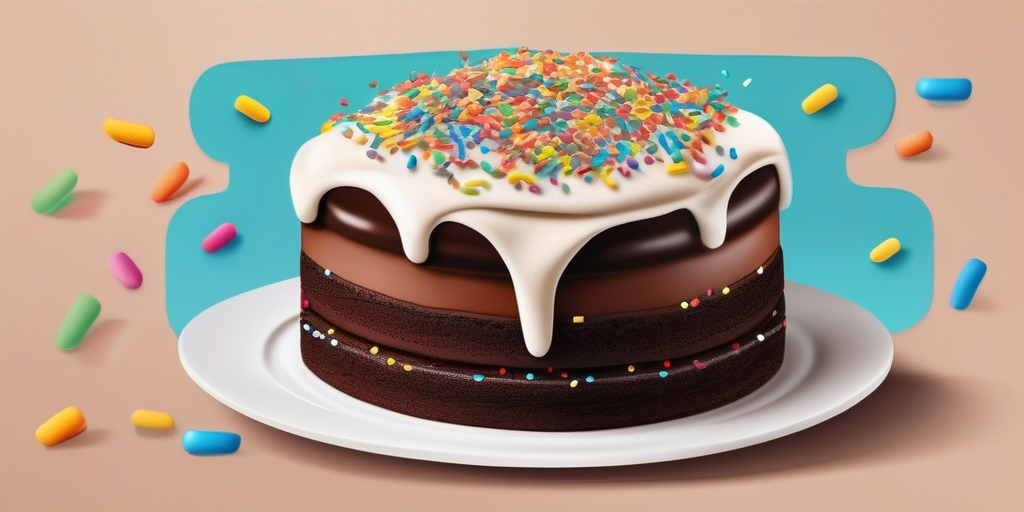 Фотография вкусного торта с цветными посыпками, как пост в социальной сети с плавающими вокруг него хэштегами.