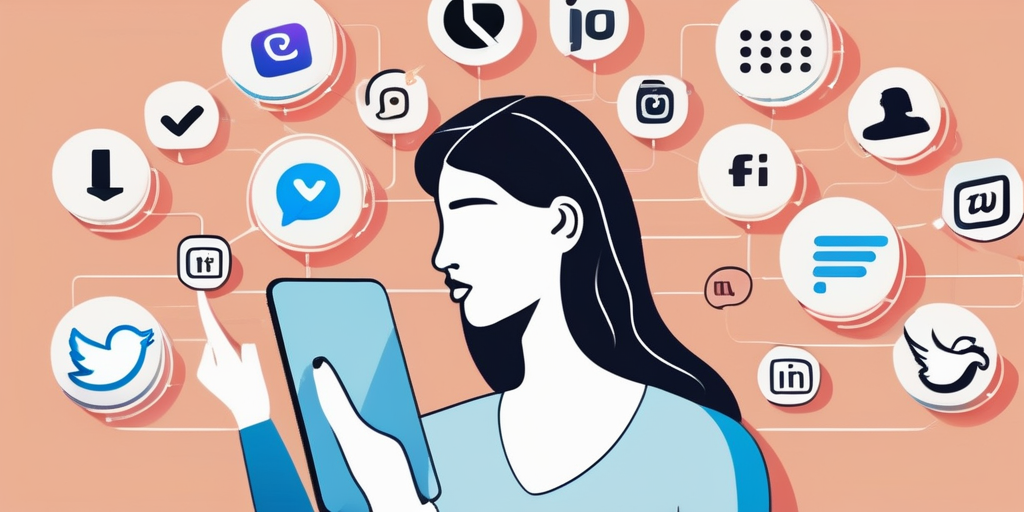 Человек, мозг которого генерирует идеи для хэштегов в социальных сетях, окруженный плавающими иконками платформ.