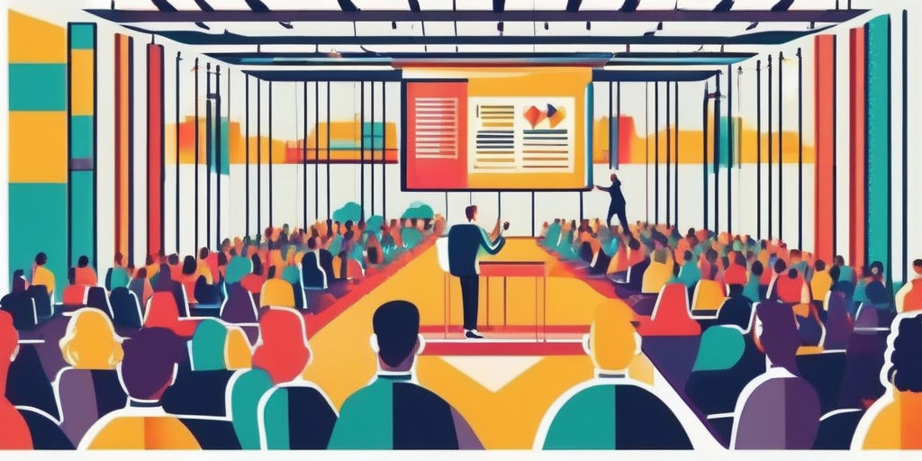 Человек уверенно представляет творческий проект большой аудитории.