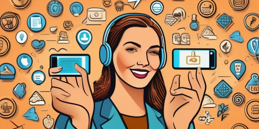 Человек использует Telegram на смартфоне, окруженный иконками товаров и услуг.