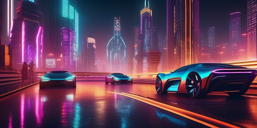Футуристический город с неоновыми огнями и летающими машинами.
