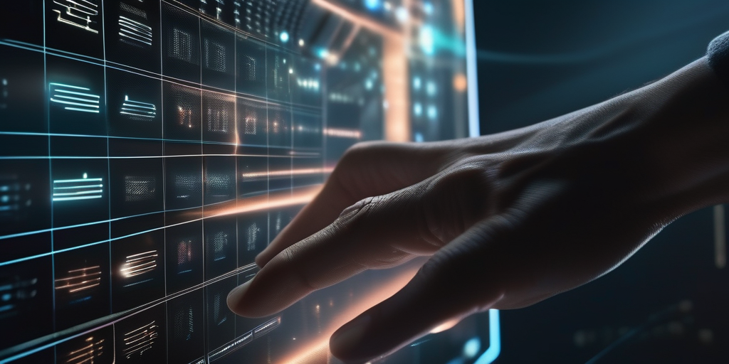 Руки человека взаимодействуют с голографическим интерфейсом музыки