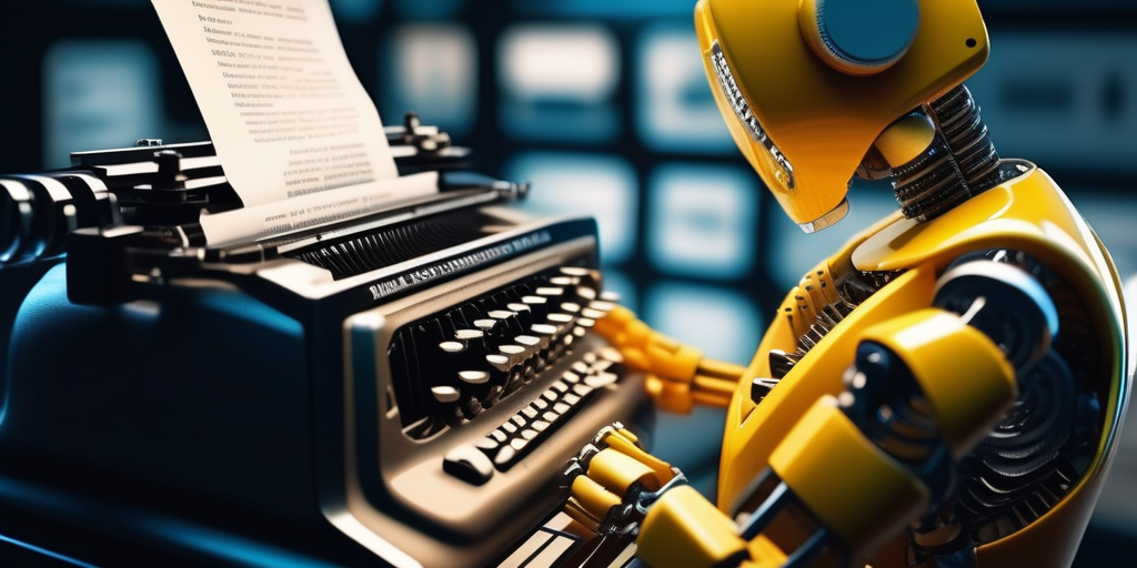 Роботизированная рука печатает статью, символизирующая использование ИИ для генерации контента