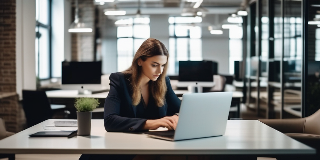 Человек уверенно использует ноутбук в современном офисе