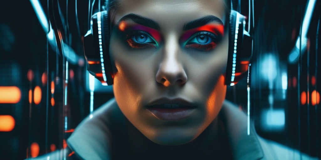 Сюрреалистичный портрет человека в цифровом пейзаже в стиле киберпанк.