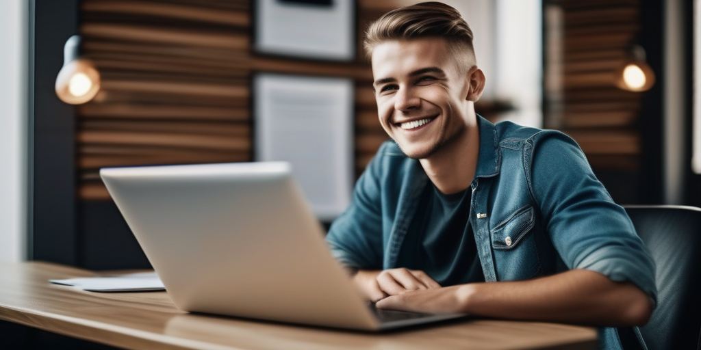 Молодой человек, уверенно работающий за компьютером, символизирующий успех в интернет-заработках