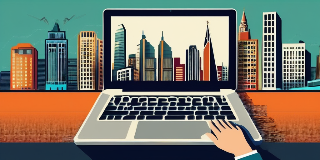 Рука, использующая лэптоп, фон - город