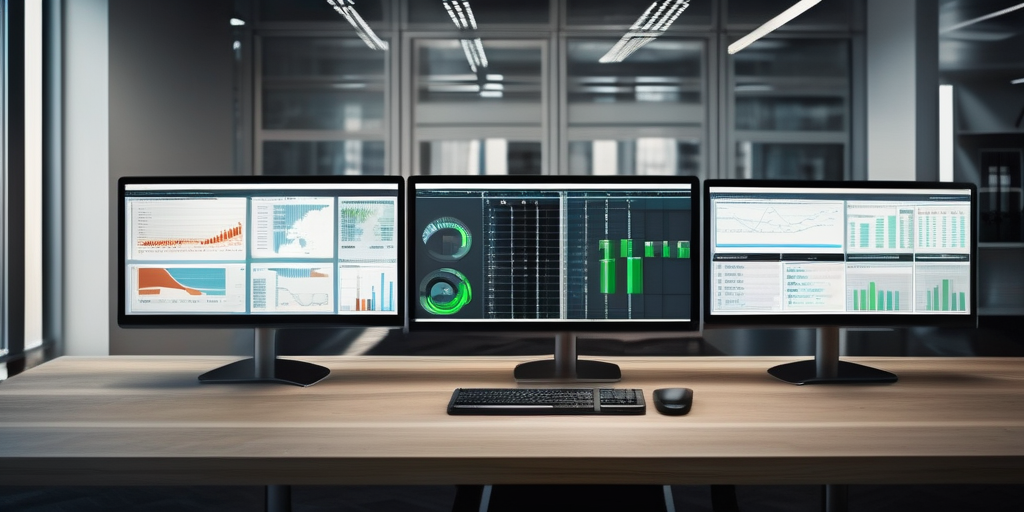 Чистое и организованное рабочее место с несколькими мониторами, отображающими панели управления аналитикой данных.