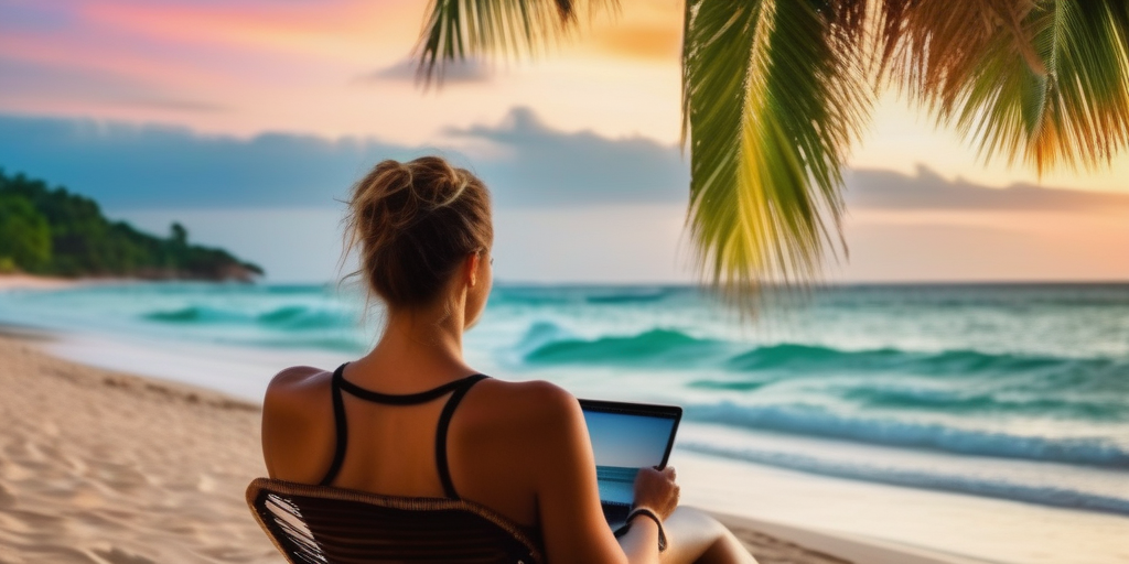 Фрилансер работает на ноутбуке на пляже
