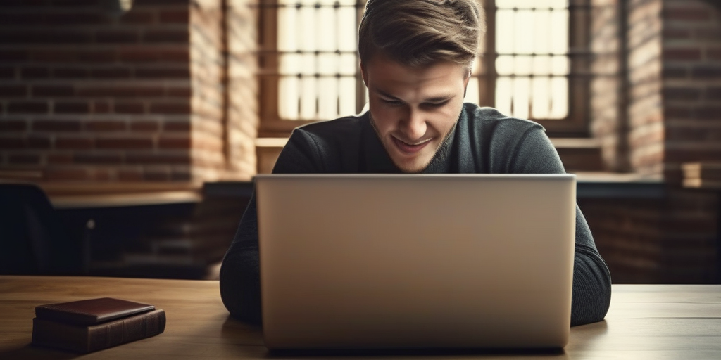 Человек празднует небольшую победу, работая на ноутбуке, символизируя путь обучения и заработка в интернете.