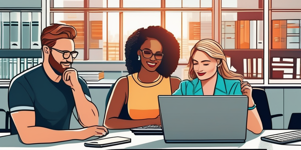 Люди работают на ноутбуках в современном офисе, символизируя заработок в интернете.