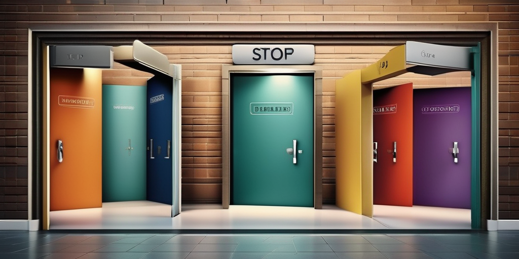 Иллюстрация цифровой двери, ведущей к коллекции онлайн-продуктов, символизирующей арбитраж трафика через дорвеи.