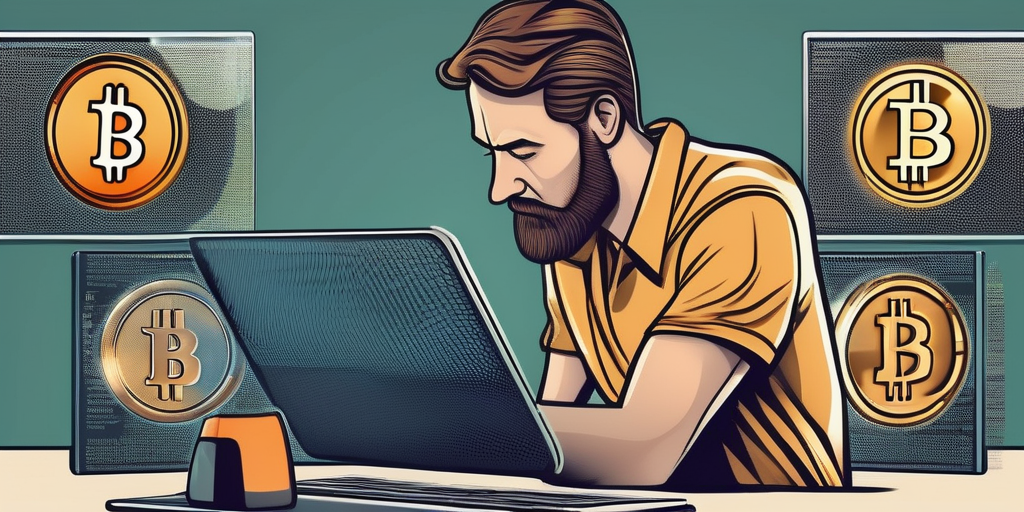 Человек, выглядящий растерянным, глядя на экран ноутбука, заполненного веб-сайтами криптовалютных кранов.