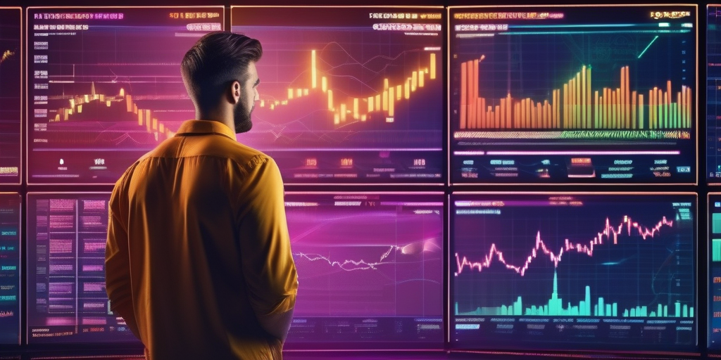 Человек в замешательстве перед сложным экраном с графиками криптовалют
